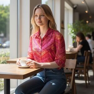 Y2K Floral Burnout Mesh Blouse Pink Orange Embroidered Pintuck Top Medium